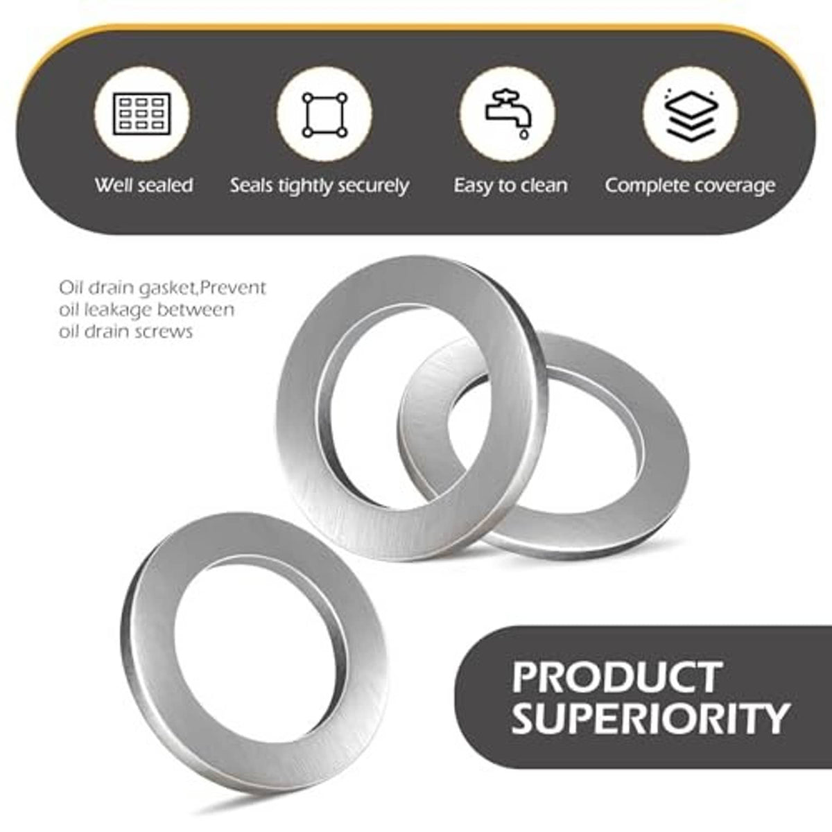 Silver crush washer gaskets with sealing icons and product superiority banner