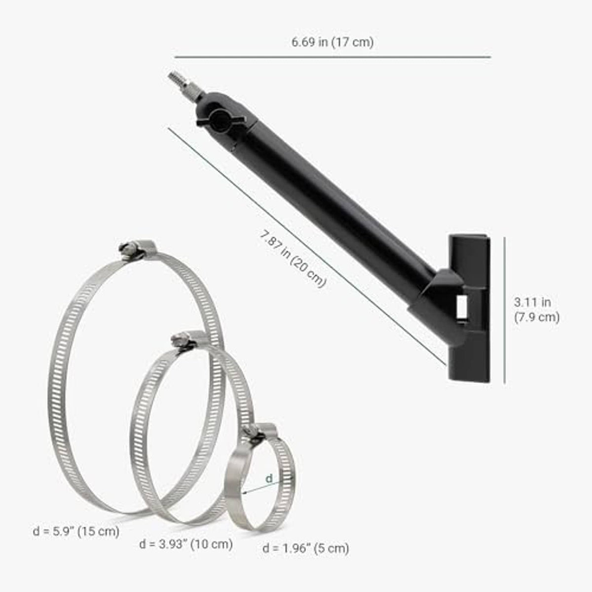 Black solar panel pole mount with wall bracket and included metal strap rings