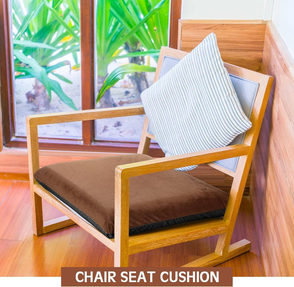 Brown chair seat cushion with smooth fabric cover on a wooden chair