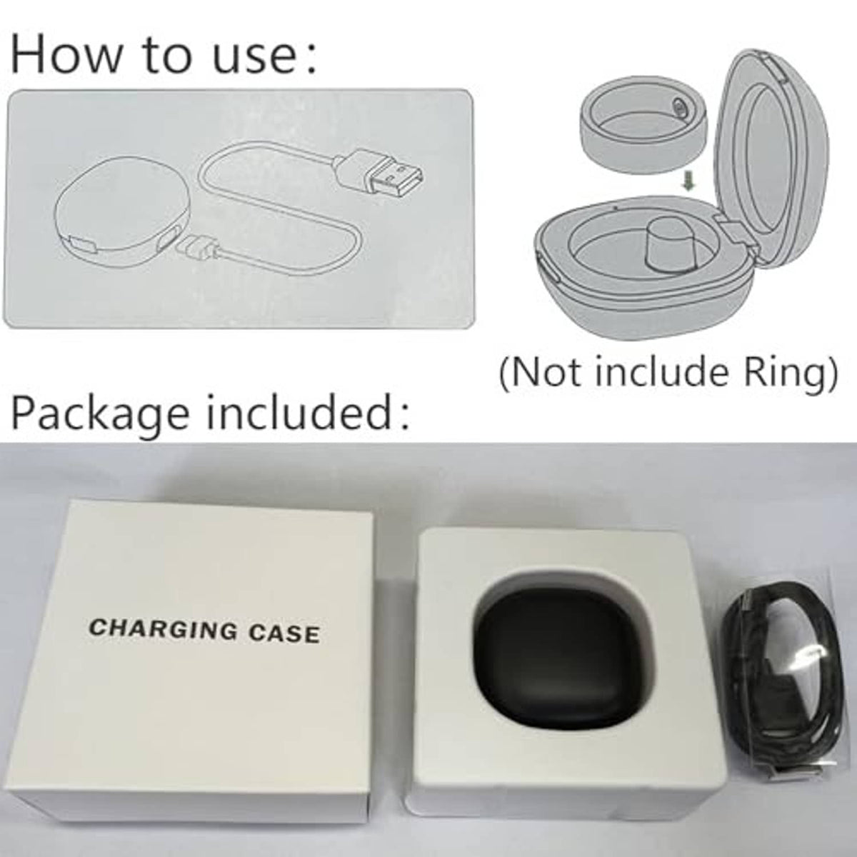 Black charging case in retail packaging, with cable and charging cradle