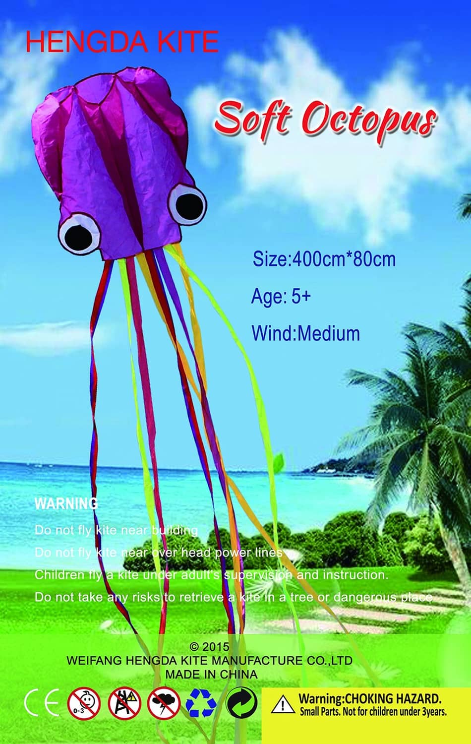Octopus kite with pink-purple sail head and long colorful ribbon tail
