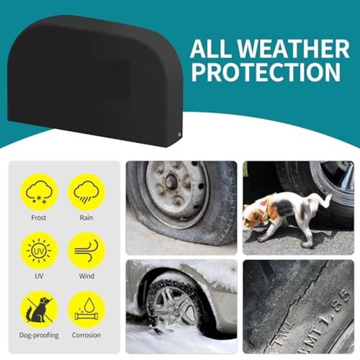 Black tire cover for dual wheels, designed for rain, frost, wind, and UV protection.