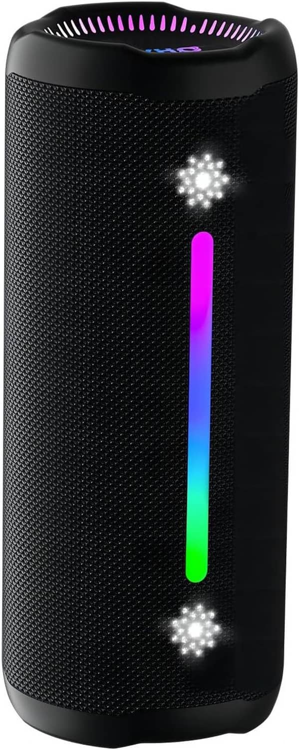 Black wireless Bluetooth speaker with vertical rainbow LED light bar and top grille