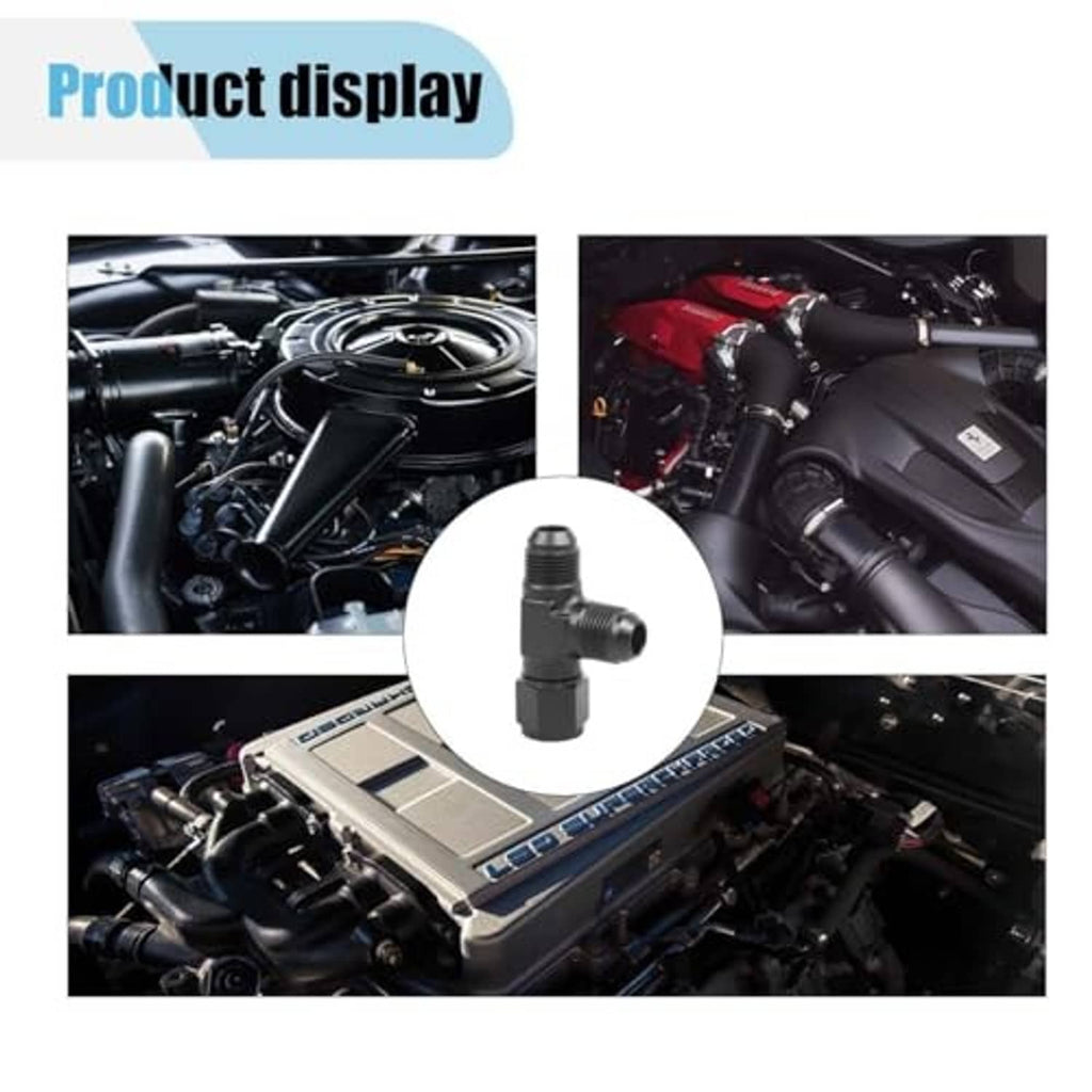 10AN black T fuel hose union fitting shown in multiple engine bay applications