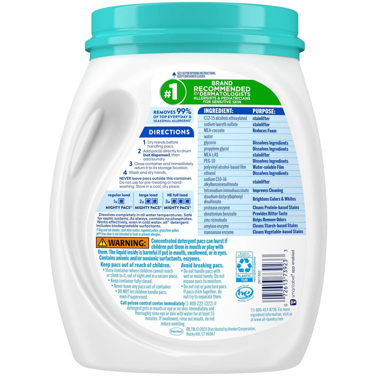 all free clear Mighty Pacs detergent jar with teal cap, back panel directions and ingredients