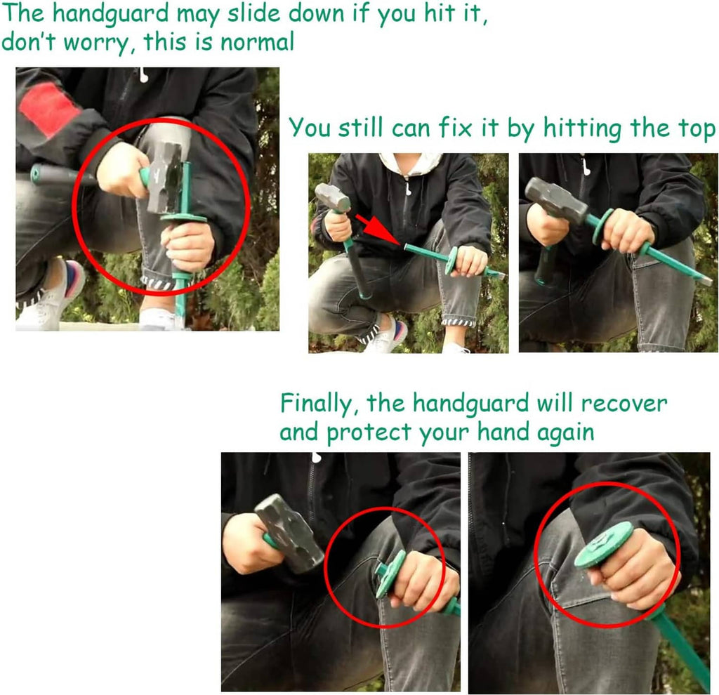 Rock chisel being held outdoors; green handle and round hand guard visible