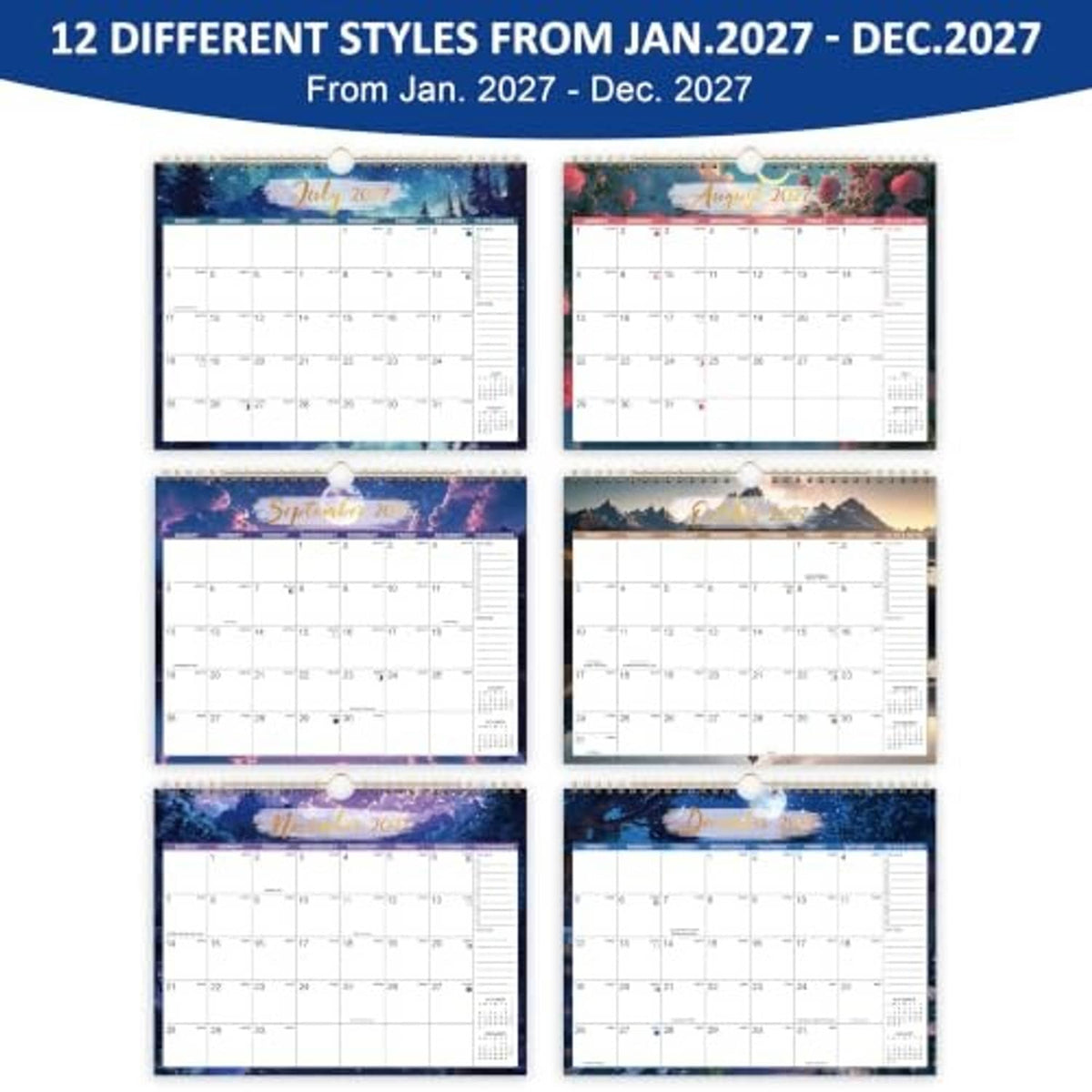 12 different Jan–Dec 2027 calendar style previews with spiral-bound monthly grids