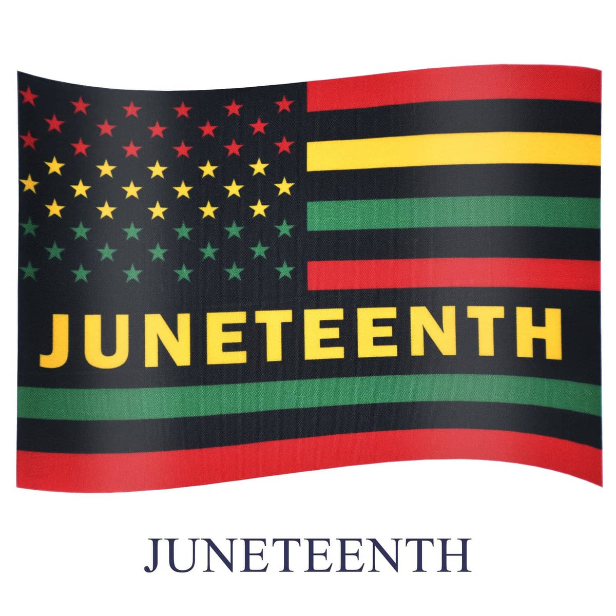 Juneteenth handheld mini flag with “JUNETEENTH” text, star field, and multicolor stripes