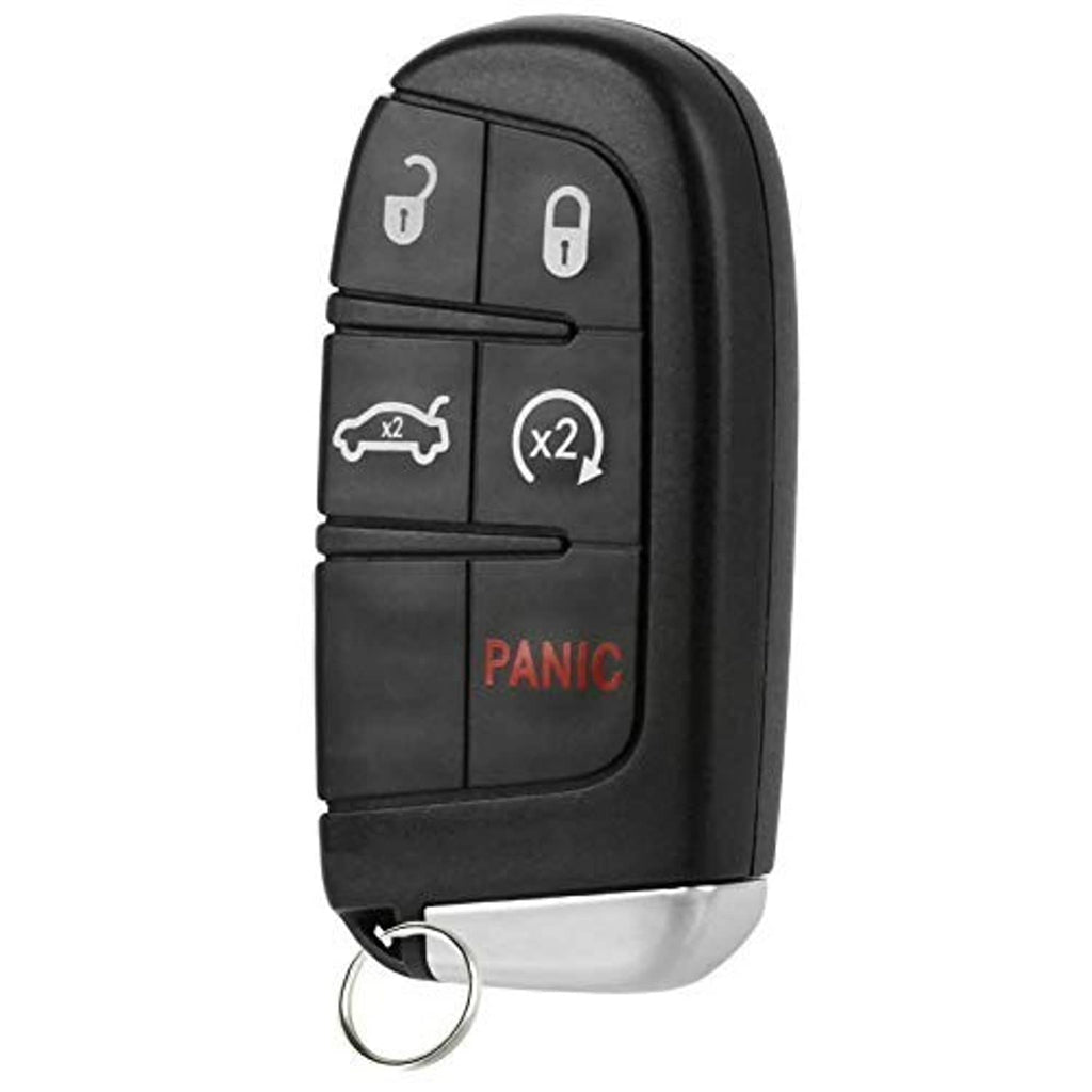 Black smart keyless entry remote fob with Panic button, lock icons, and key ring