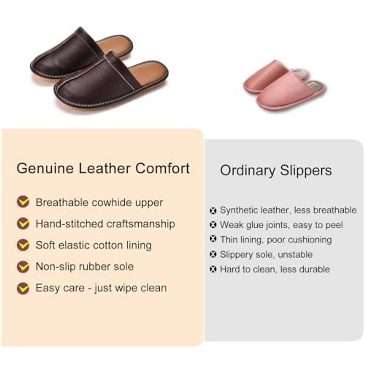 Leather comfort slippers: dark brown slip-ons with stitched trim, shown with pink pair