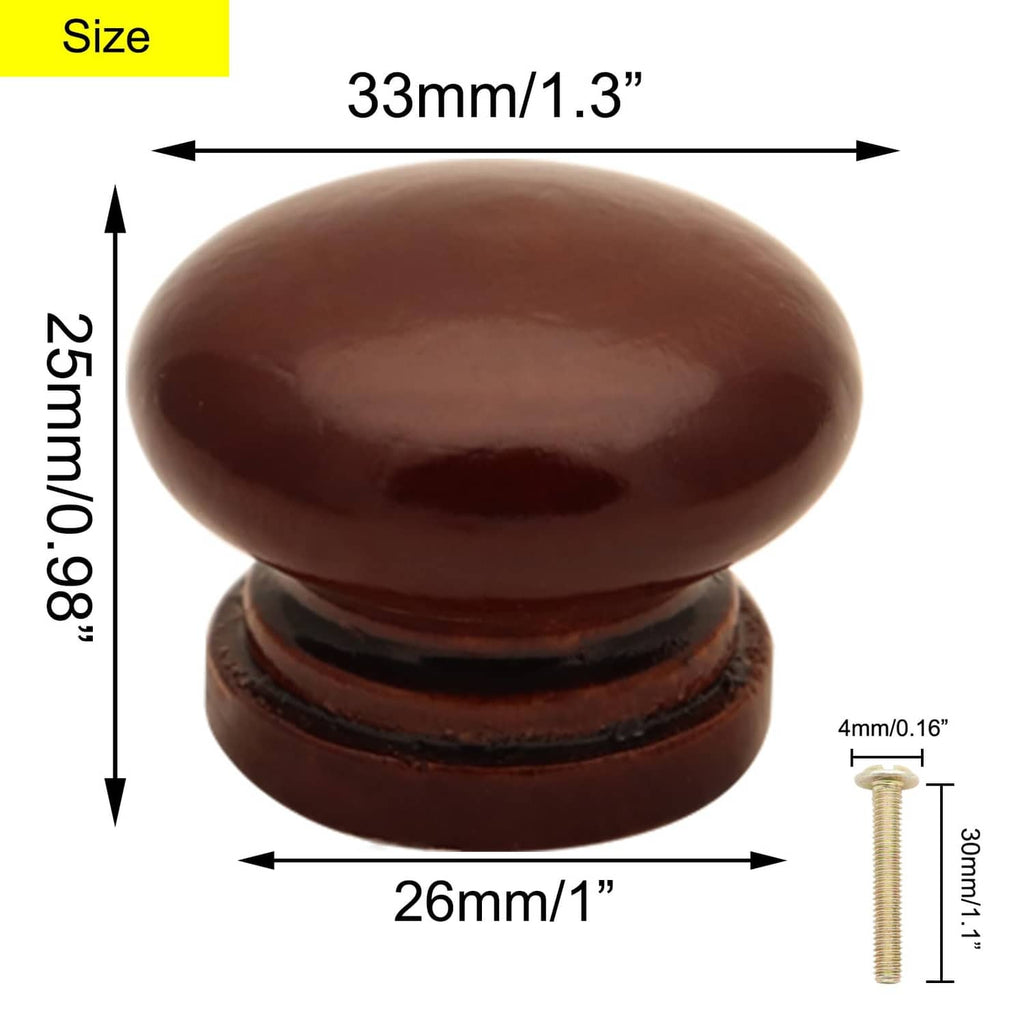 Brown wood mushroom dresser knob, 1.3 in diameter, 0.98 in height; includes screw post