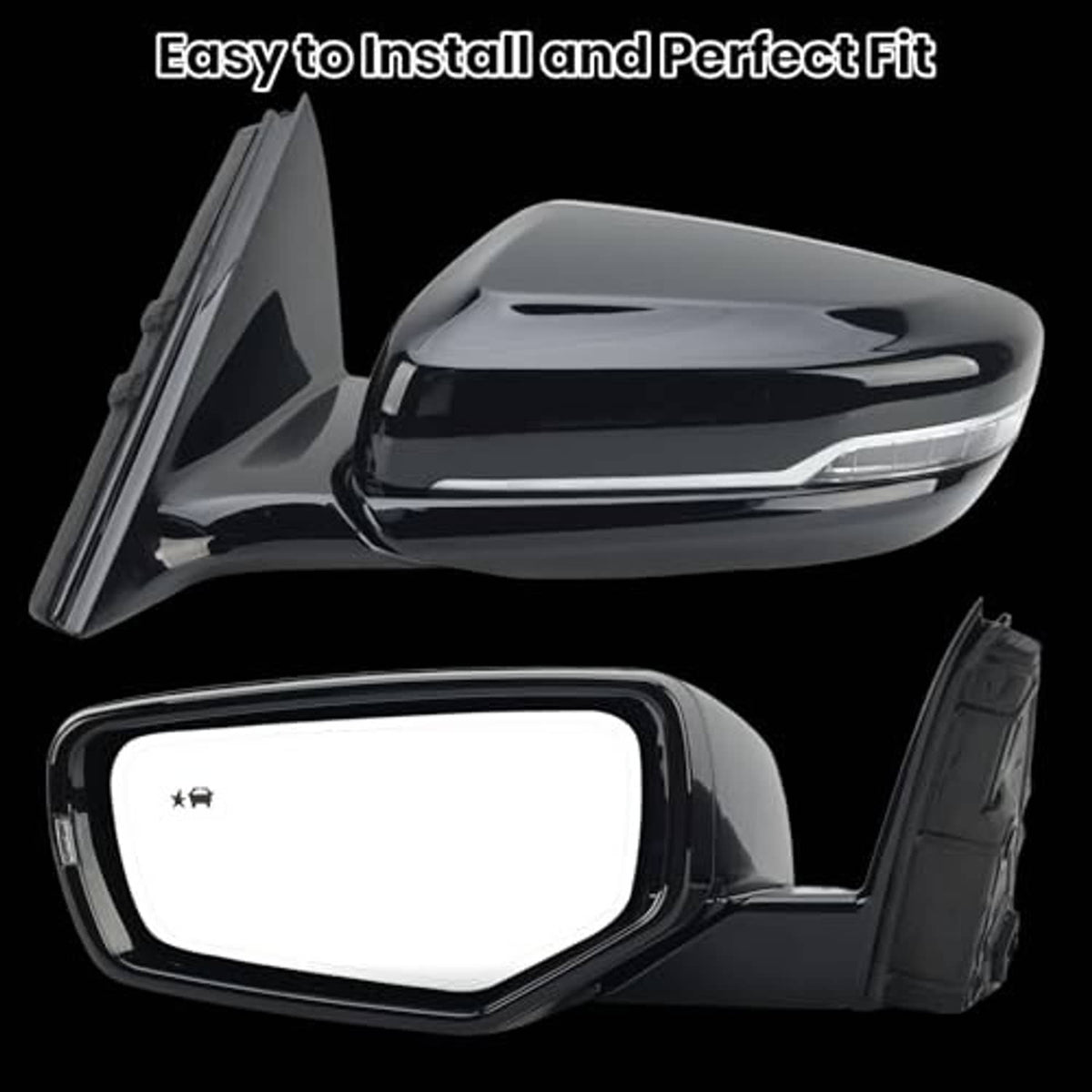 Left driver-side black mirror assembly with clear turn-signal lens strip
