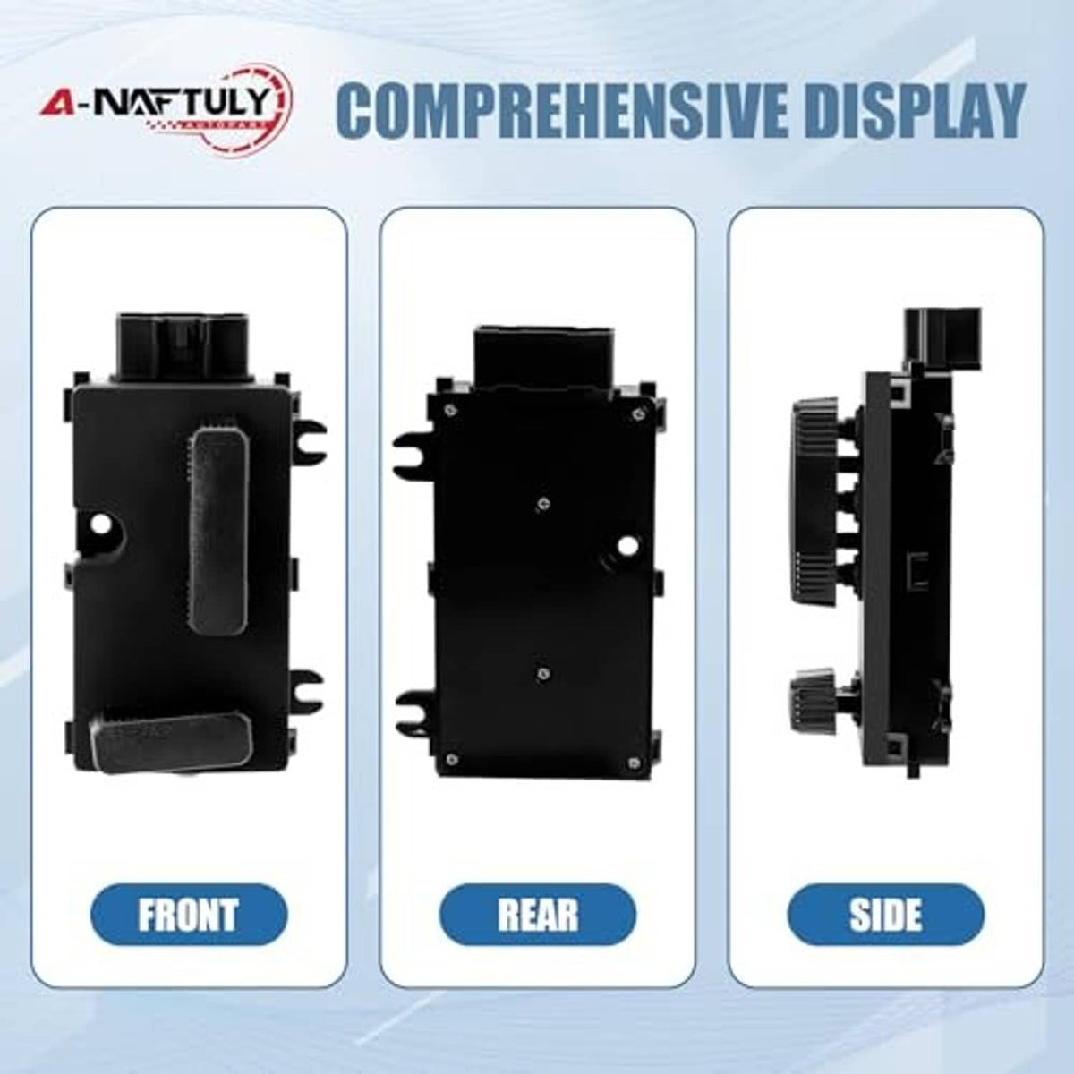 Power seat switch shown in front, rear, and side views; black module with buttons