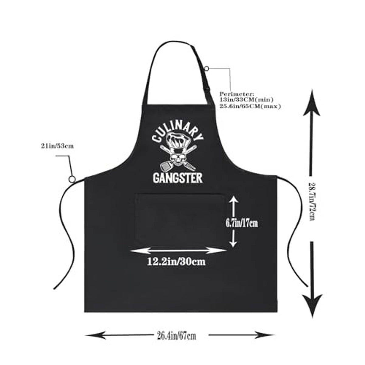 Black apron size diagram showing front bib shape and pocket area.