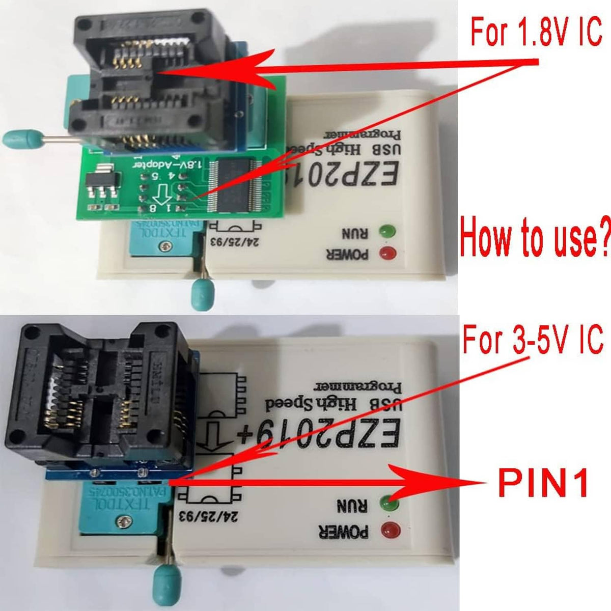 SPI IC socket adapter board with two chip slots and pin header for programming