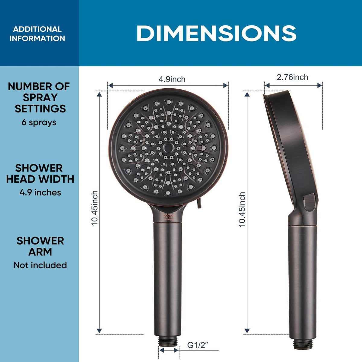 Cobbe filtered shower head dimensions diagram with head and arm sizes