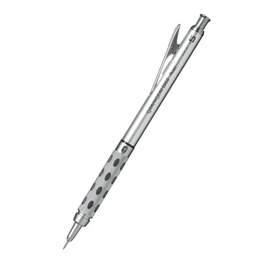 Silver mechanical pencil with pointed tip and side clip; spotted grip section