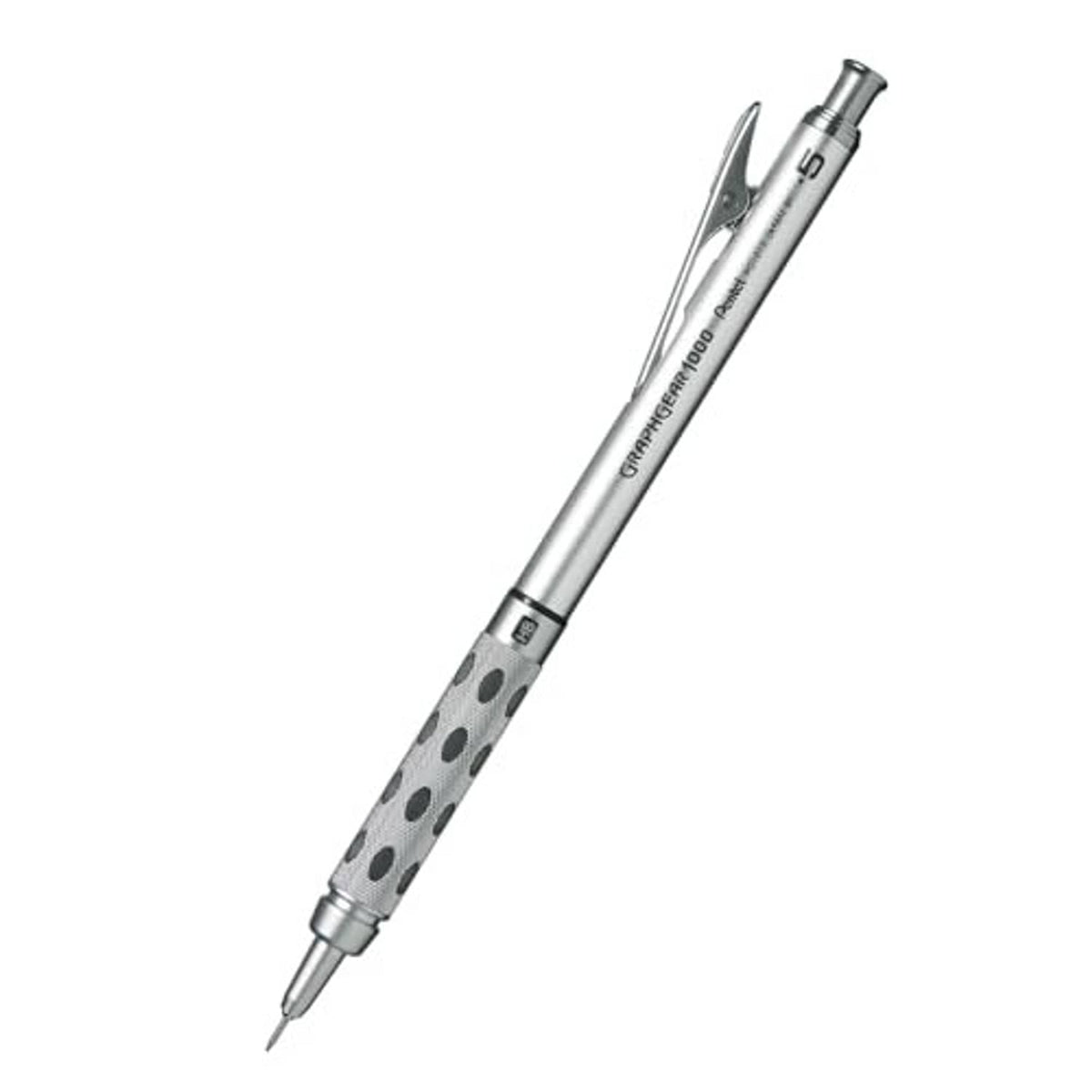 Silver mechanical pencil with pointed tip and side clip; spotted grip section