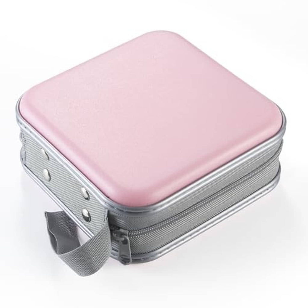 Light pink hard-shell CD case on top, gray zipper trim and carry handle detail