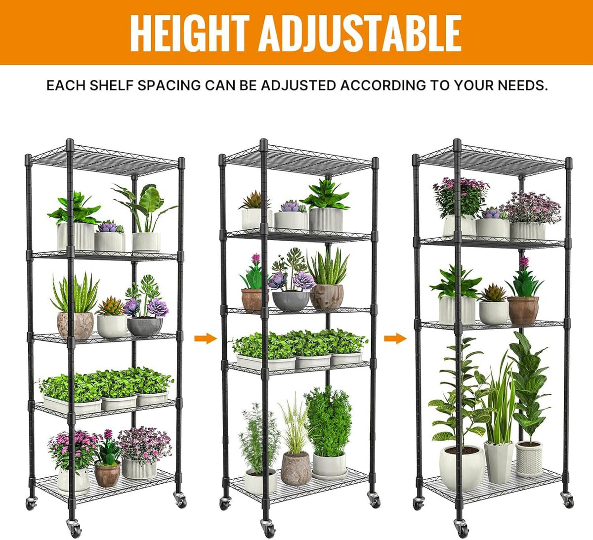 Height-adjustable mini greenhouse shelf rack with adjustable spacing for plants