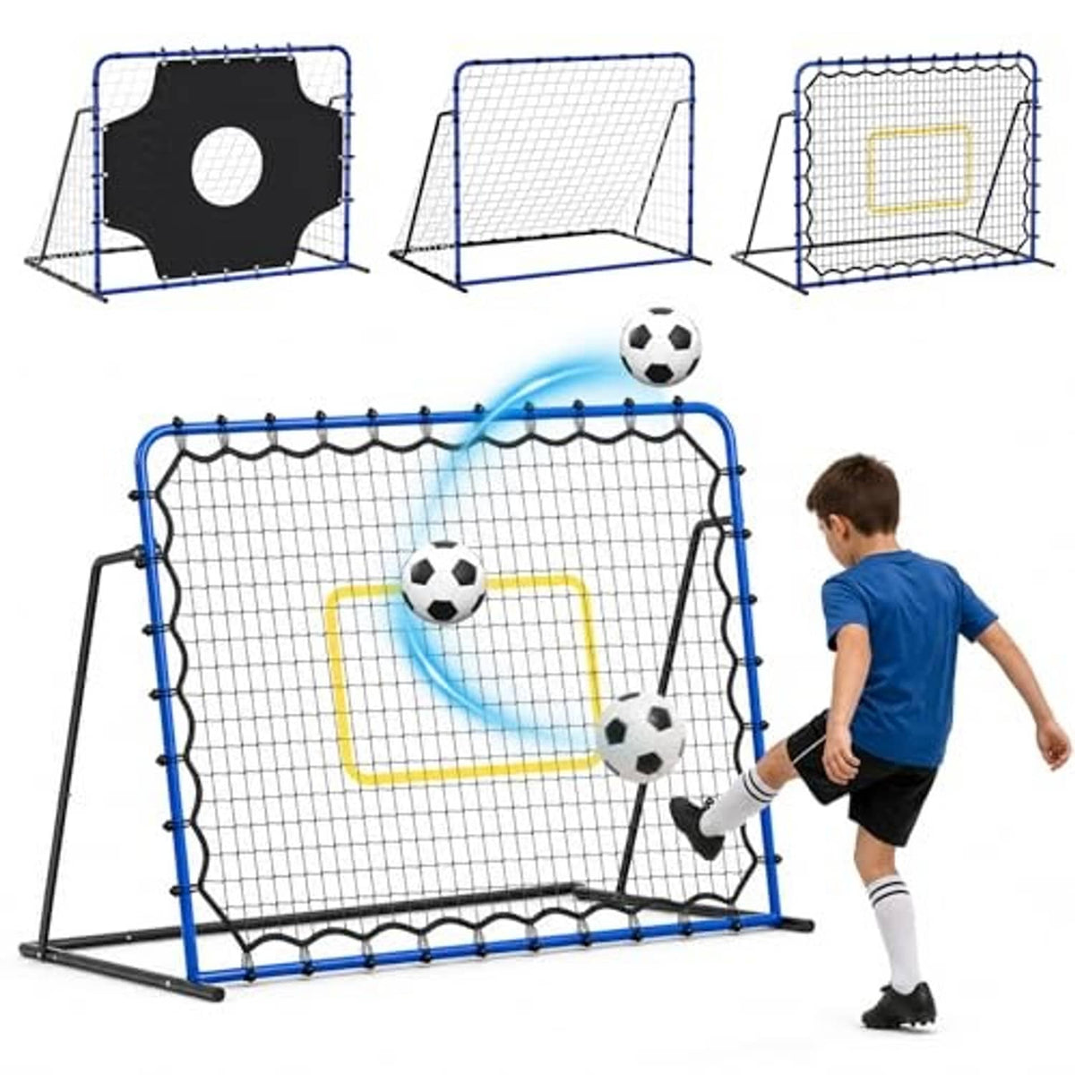 Soccer rebound net with blue frame and white mesh, child shooting toward square target