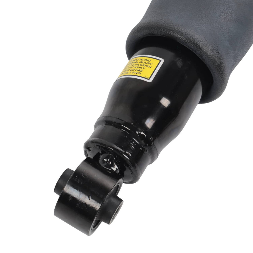 Rear air suspension shock strut pair, black metal cylinder with mounting bushing and label