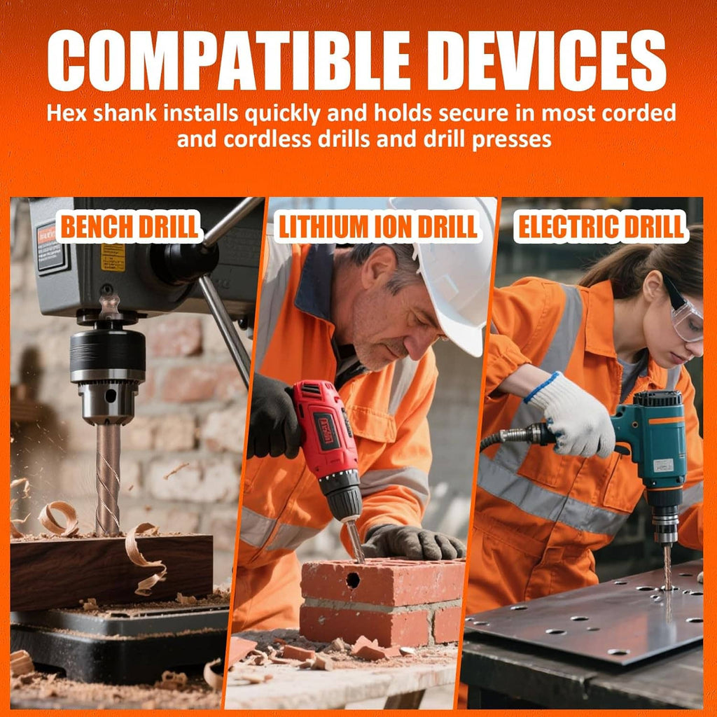 Hex shank masonry drill bits compatible with bench, corded, and cordless drills