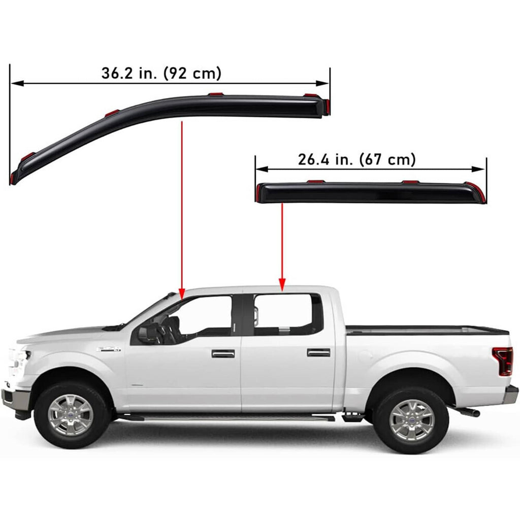Black in-channel window vent visor, long curved profile with red end accents