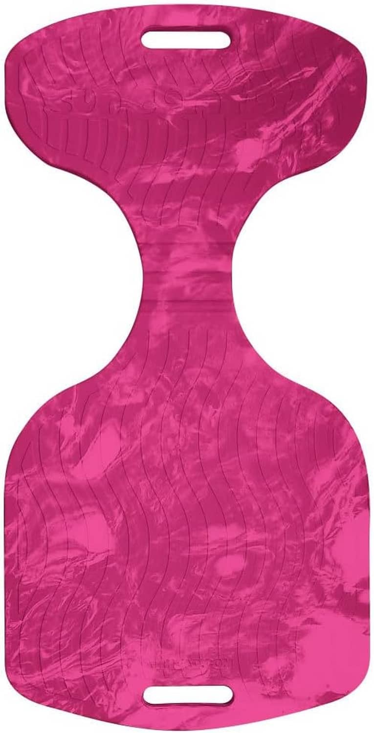 Pink saddle pool float chair, hourglass shape with handle slots and textured surface