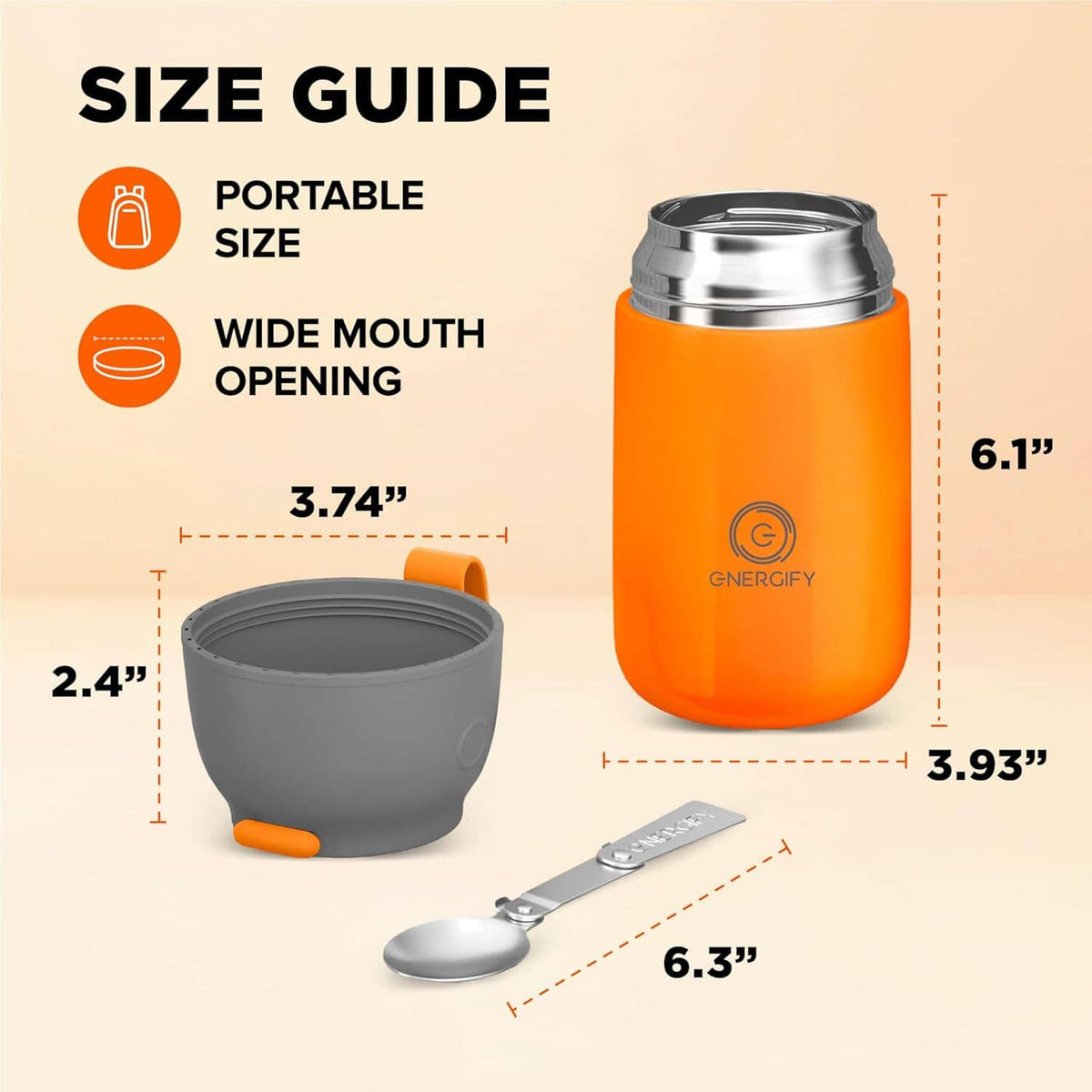Vacuum insulated food jar with wide mouth opening, orange body, includes folding spoon