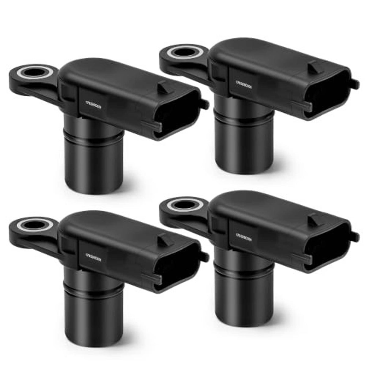 Four black camshaft position sensors with round sensor ports and side electrical connectors