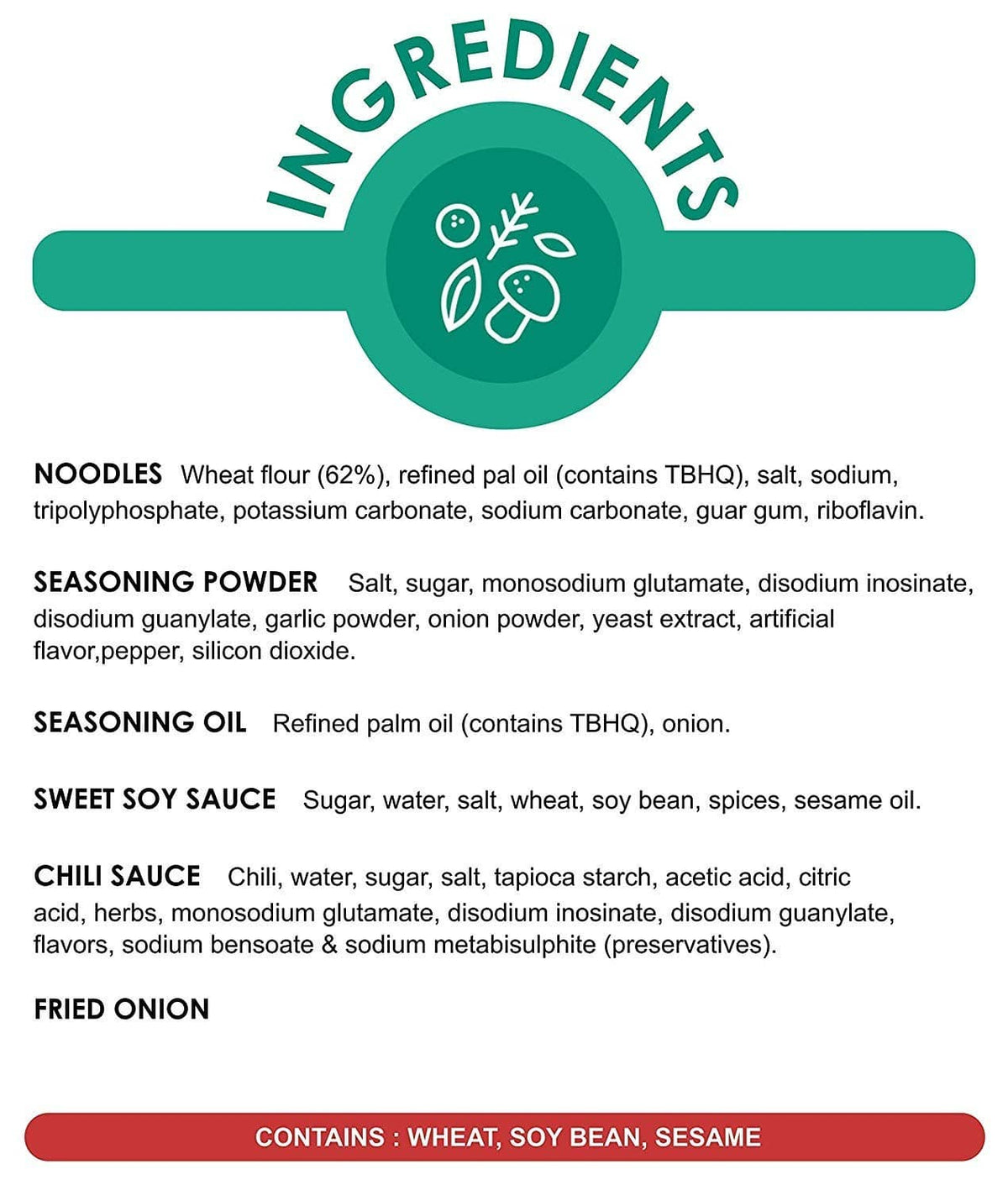 Ingredient information panel listing noodle and seasoning powder components