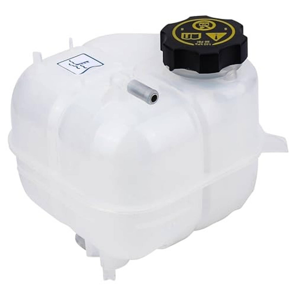 Front engine coolant reservoir tank, white plastic with black cap and outlet tube
