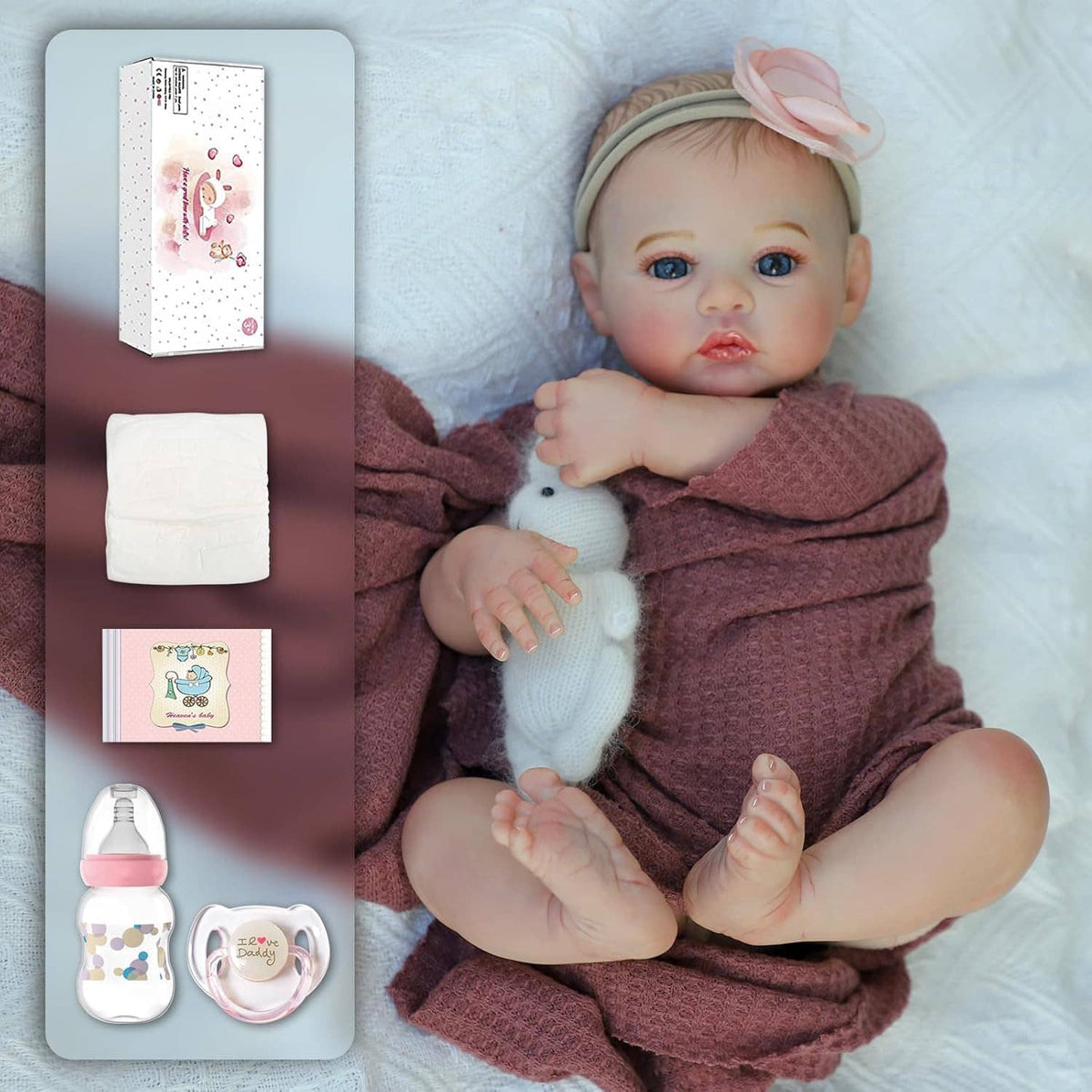 Realistic 18-inch reborn baby girl doll in brown outfit with accessories and bottle.