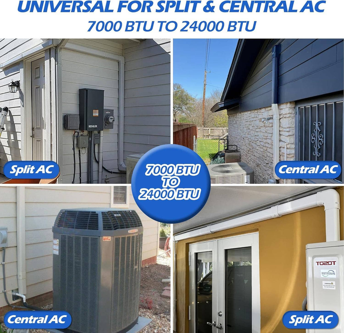 Mini-split line set cover installed on split and central AC units, shown with white duct housing