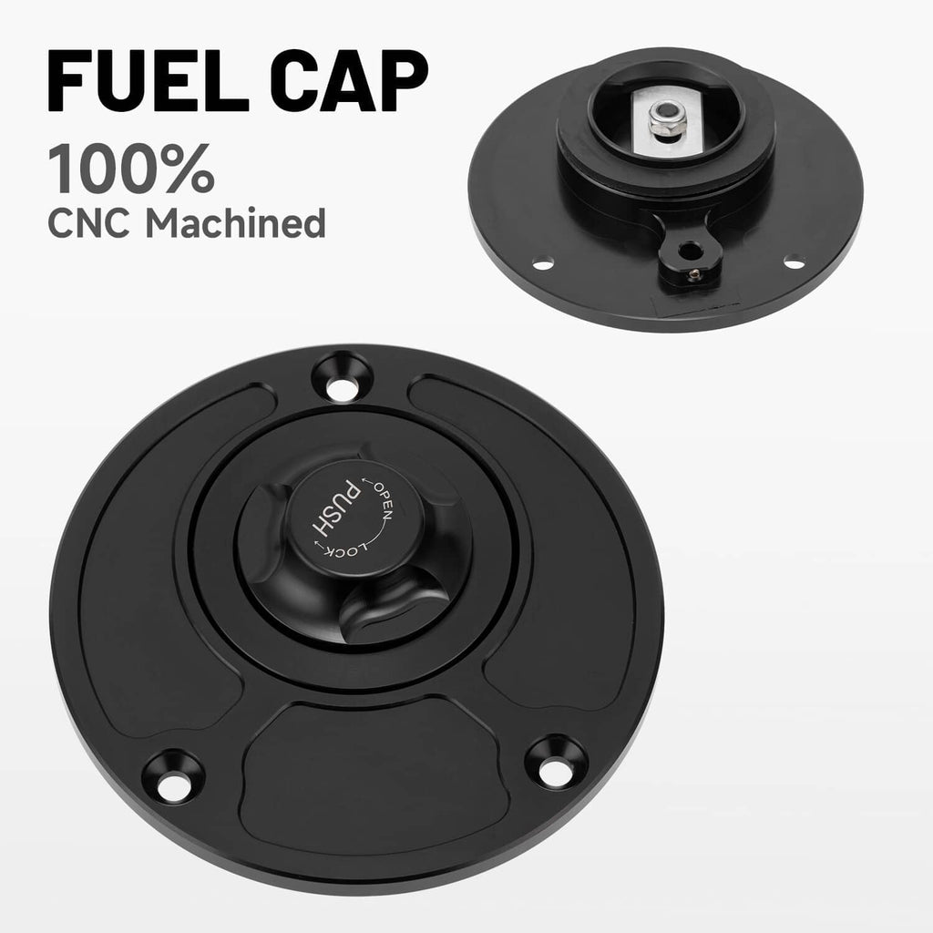 Black fuel tank cap with push-lock center and mounting bracket, plus screws