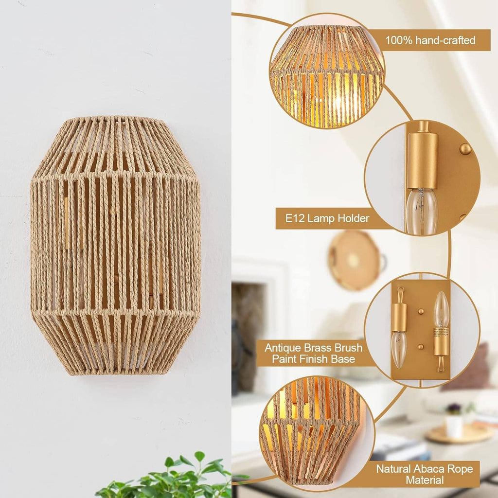 Woven rattan wall sconce shades with antique brass mounts and E12-style holders