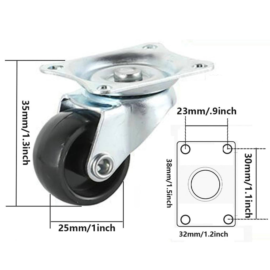 Swivel caster wheel with black rubber tire and metal mounting plate, top view