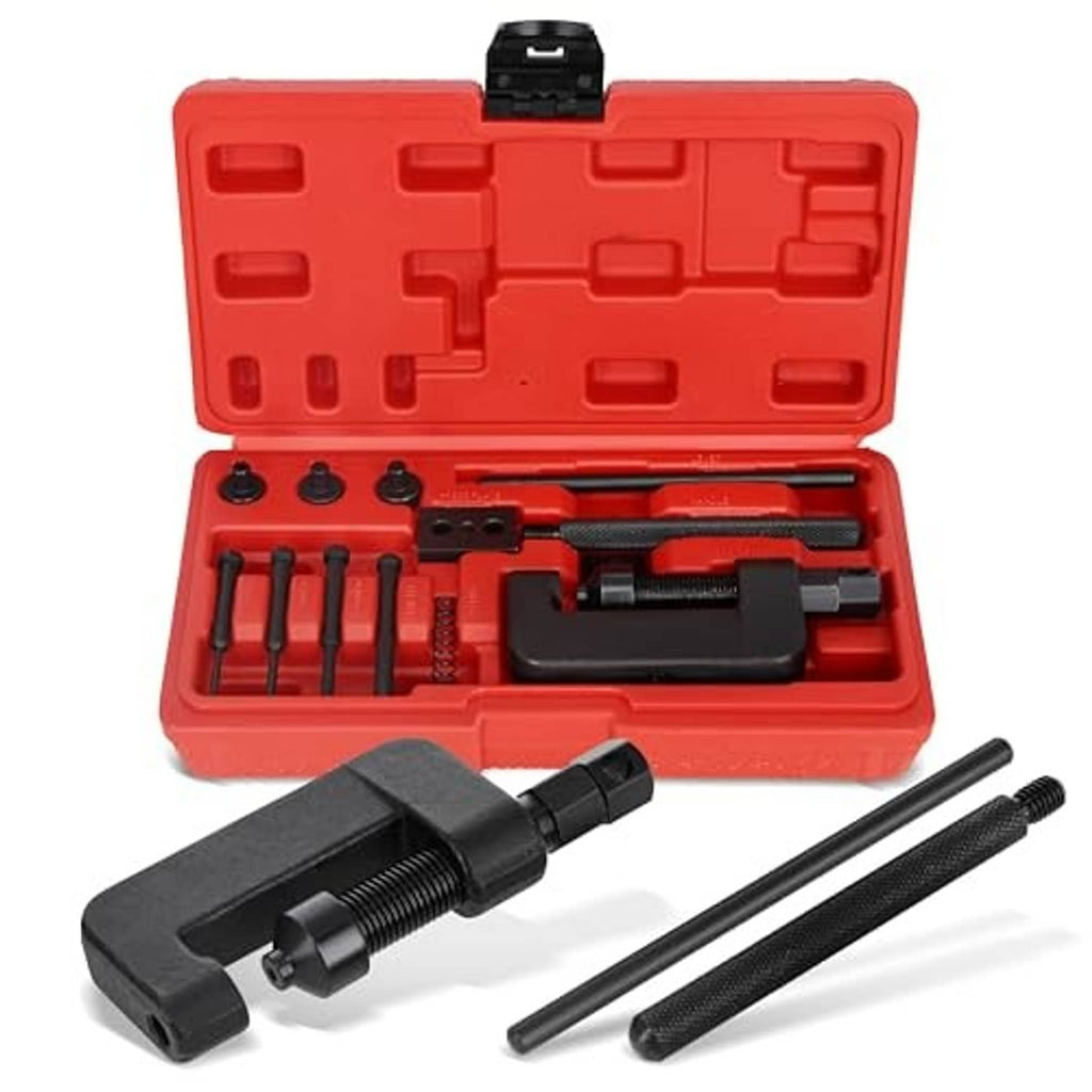 Chain breaker tool kit in red molded case with press lever, rods, and pins