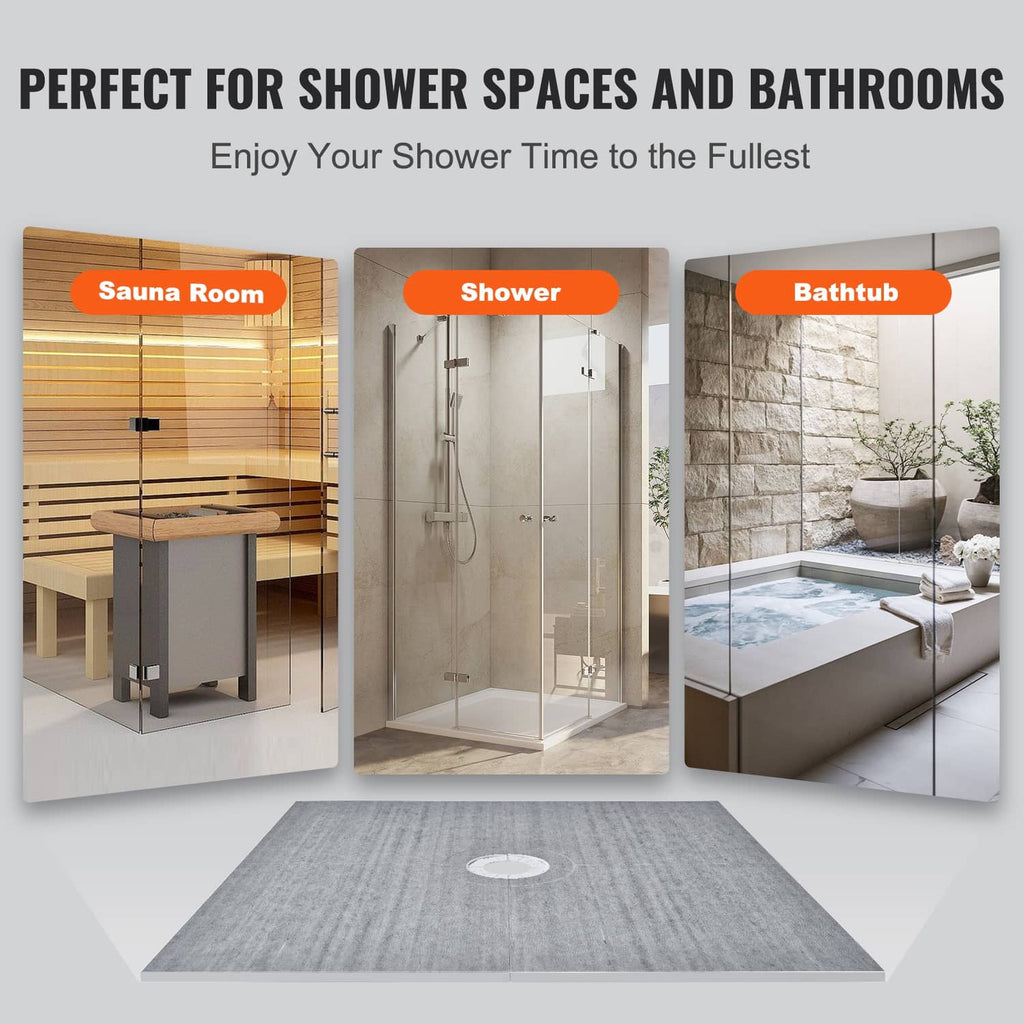 Grey 72x72 shower pan kit with central drain opening installed in a shower