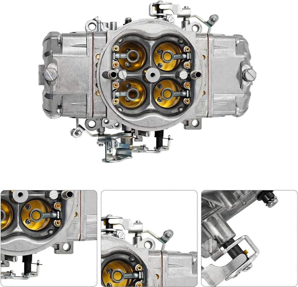 4-barrel performance carburetor with front view and three inset detail panels, silver finish