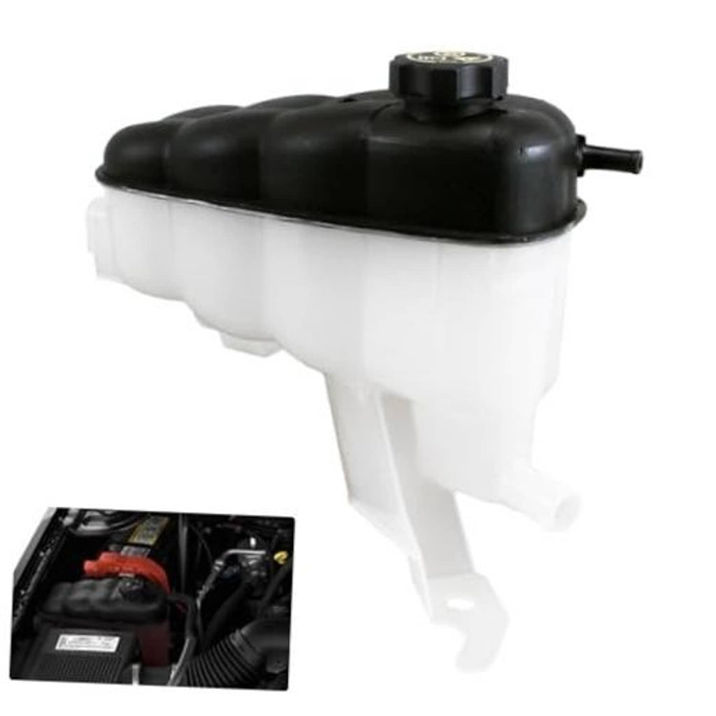Engine coolant reservoir tank with black cap and outlet hose, white plastic body