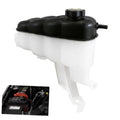Engine coolant reservoir tank with black cap and outlet hose, white plastic body