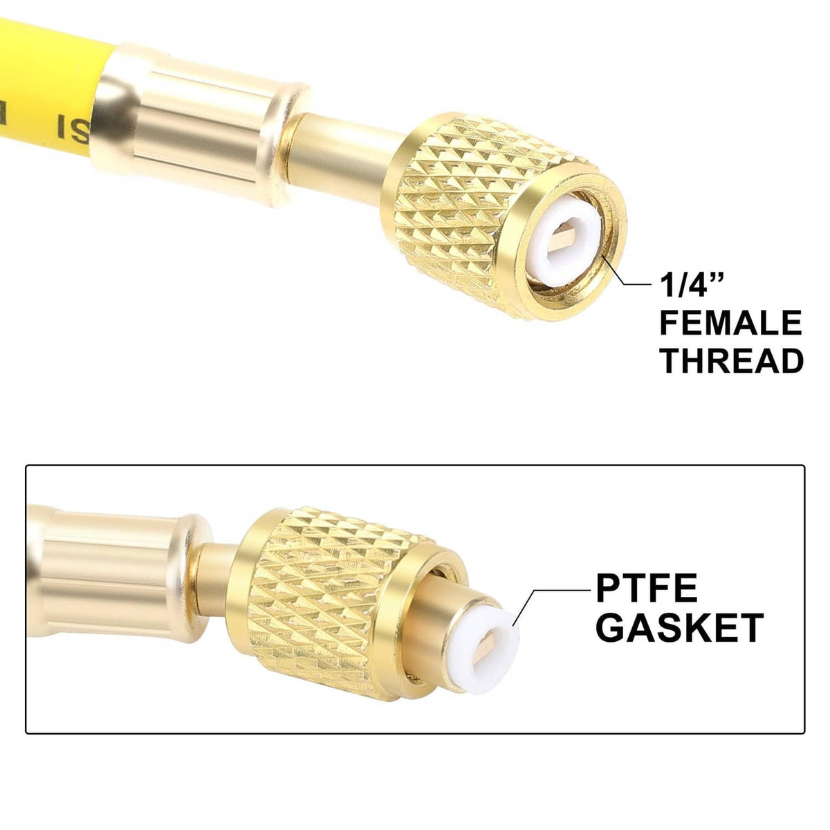 Yellow hose end with knurled brass fitting and visible PTFE gasket
