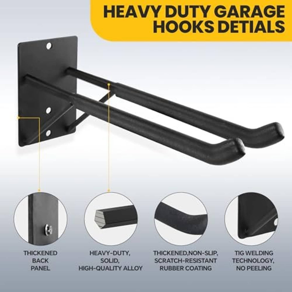 Thick black steel wall hooks with rubber-coated curved grips