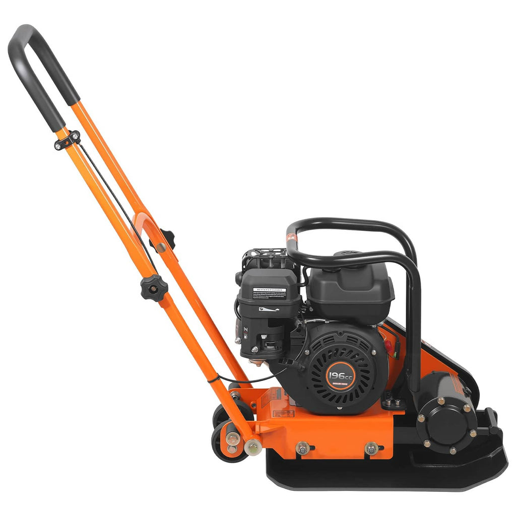 Orange and black vibrating plate compactor with side engine cover and pull handle