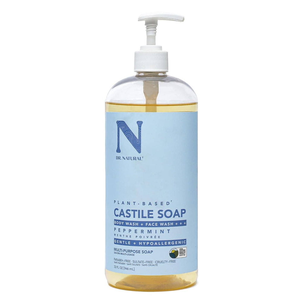 Peppermint castile liquid soap bottle with white pump and blue Dr. Natural label
