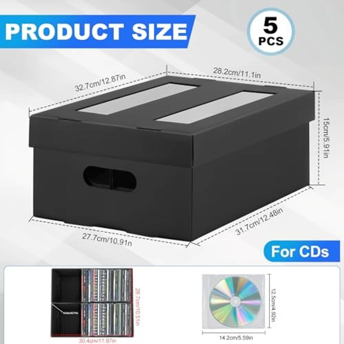 Black 2-compartment CD storage box with top lid and side carry handle opening.