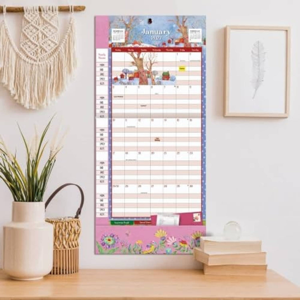 Wall calendar featuring a January 2027 month layout displayed indoors