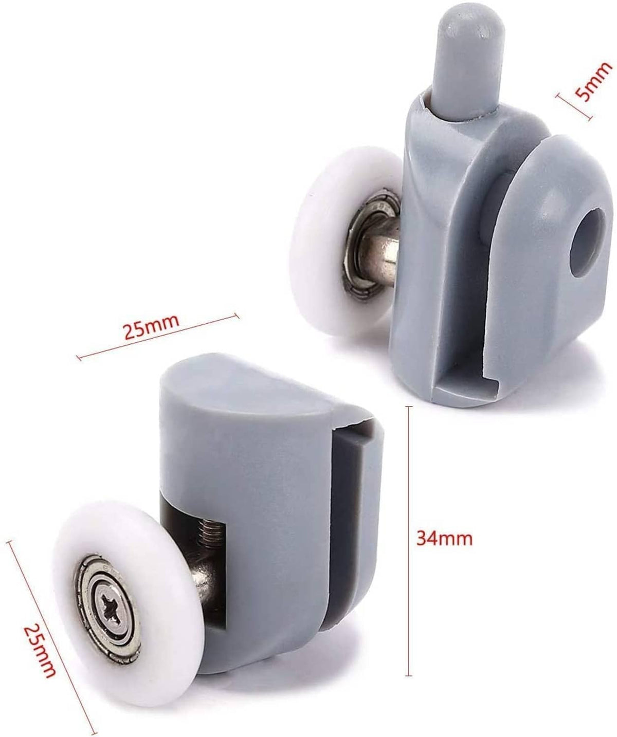 Gray shower door roller track wheel with side bracket and white guide